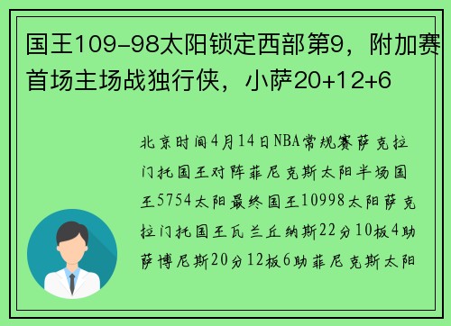 国王109-98太阳锁定西部第9，附加赛首场主场战独行侠，小萨20+12+6